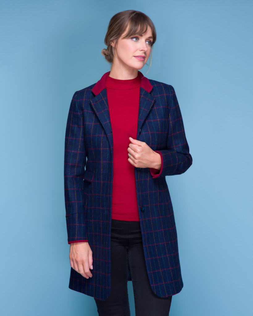 Pamela Tweed Coat Navy & Red-Size 10 only | Everard's Clothing