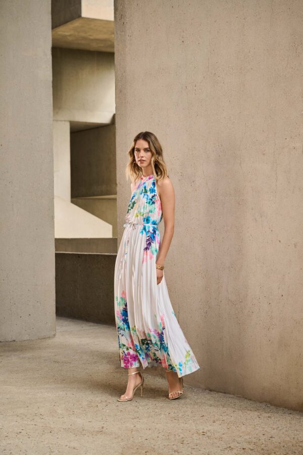 Pleated Satin Floral Print Maxi Dress - Image 3