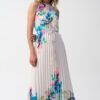 Pleated Satin Floral Print Maxi Dress