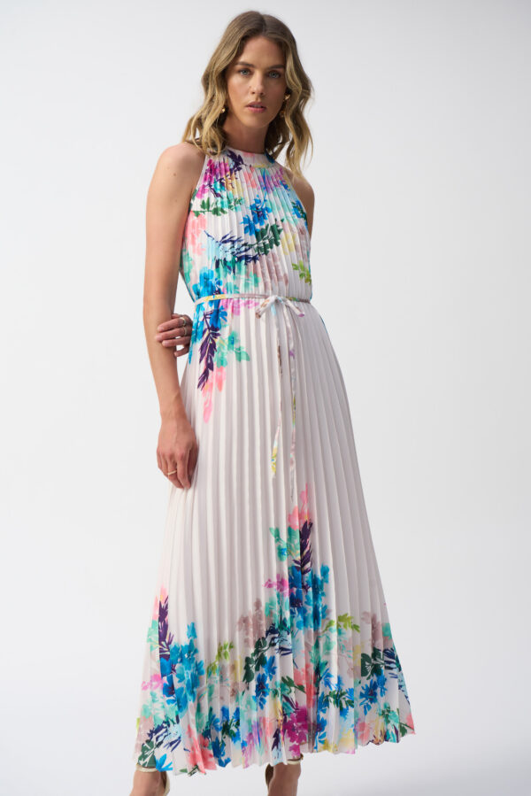 Pleated Satin Floral Print Maxi Dress