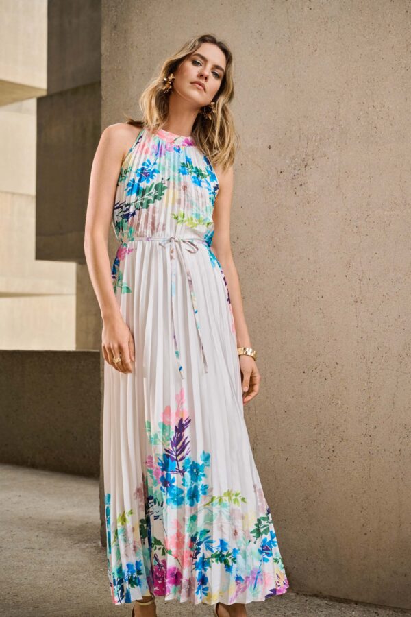 Pleated Satin Floral Print Maxi Dress - Image 4