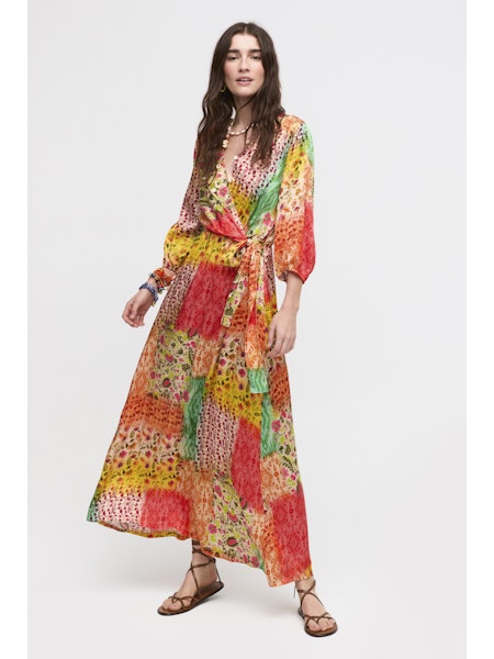 Red Multi Print Vneck Dress