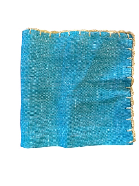 Linen Pocket Square with Hand Stitched Edges-Teal & Yellow