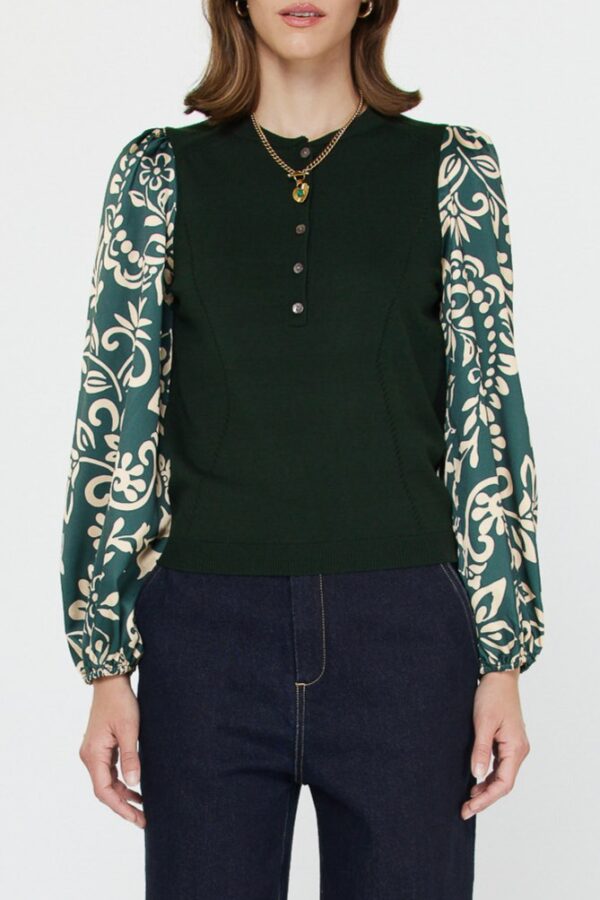 Green Sweater with Gathered Print Sleeves
