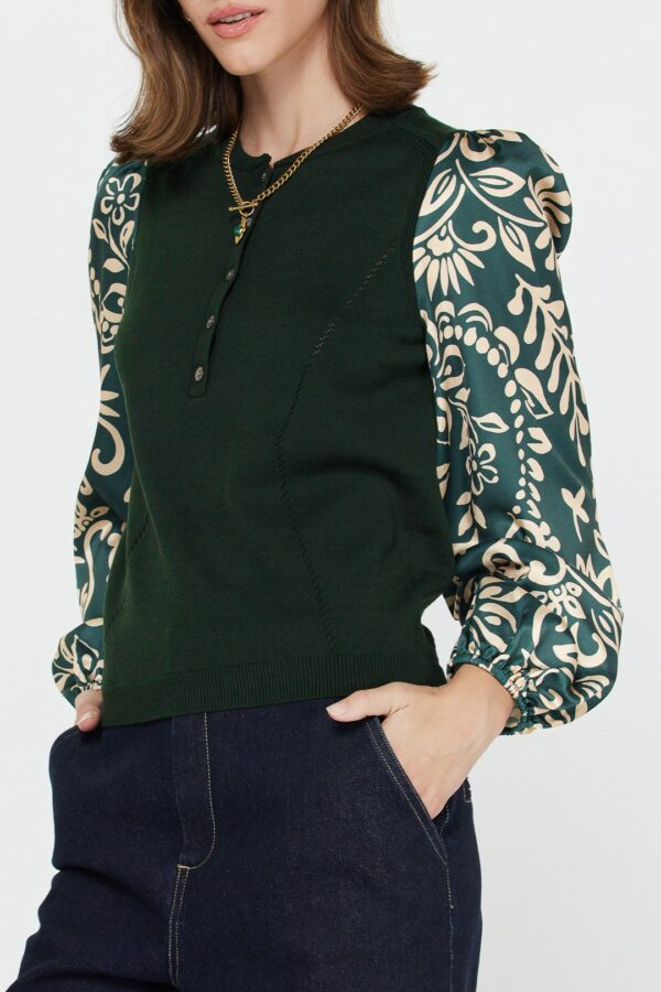 Green Sweater with Gathered Print Sleeves - Image 3
